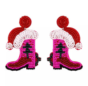 Cowboy Pink Boot Beaded Earrings