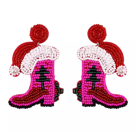 Cowboy Pink Boot Beaded Earrings