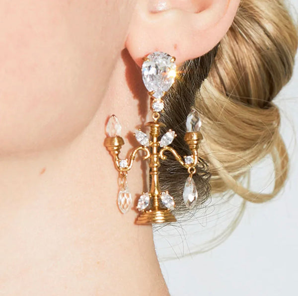 Gold & Rhinestone Candelabra Dangle Earrings
