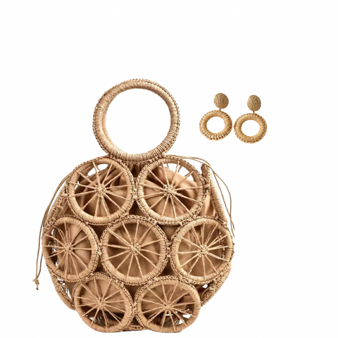 Khaki Geometric Straw Purse w/Matching Straw Earrings