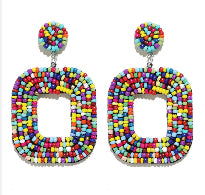 Square Multi Colored Hand Beaded Earrings