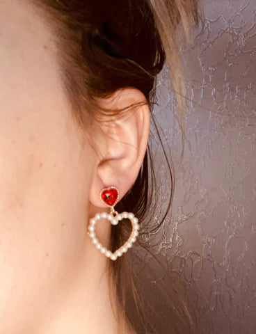 Small Faux Pearl and Red Stone Earrings
