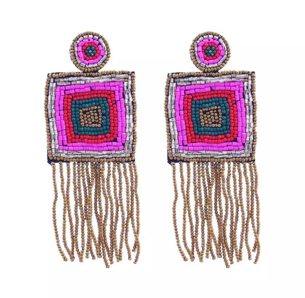 Hand Beaded Multicolor Square Dangle Earrings