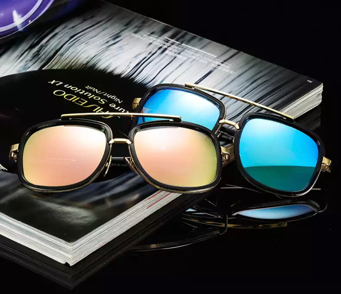 Unisex Gold Sunglasses w/ Blue Lenses