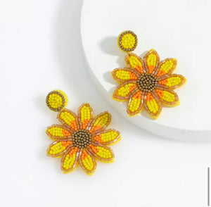 Hand-beaded Sunflower Dangle Earrings