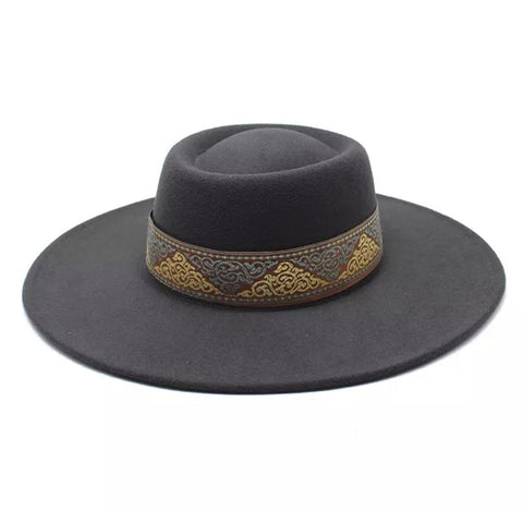 Grey Wide Brim Hat w/Fabric Band