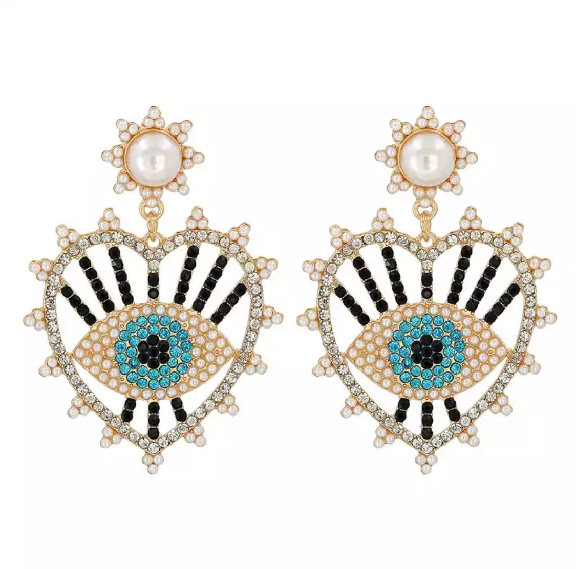 Rhinestone and Pearl Evil Eye Earrings