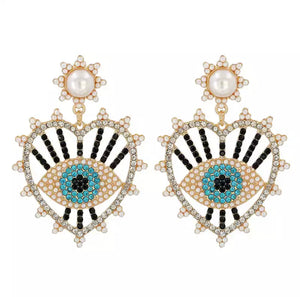 Rhinestone and Pearl Evil Eye Earrings