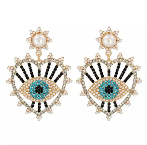 Rhinestone and Pearl Evil Eye Earrings