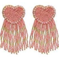 Pink hand beaded heart dangle earrings