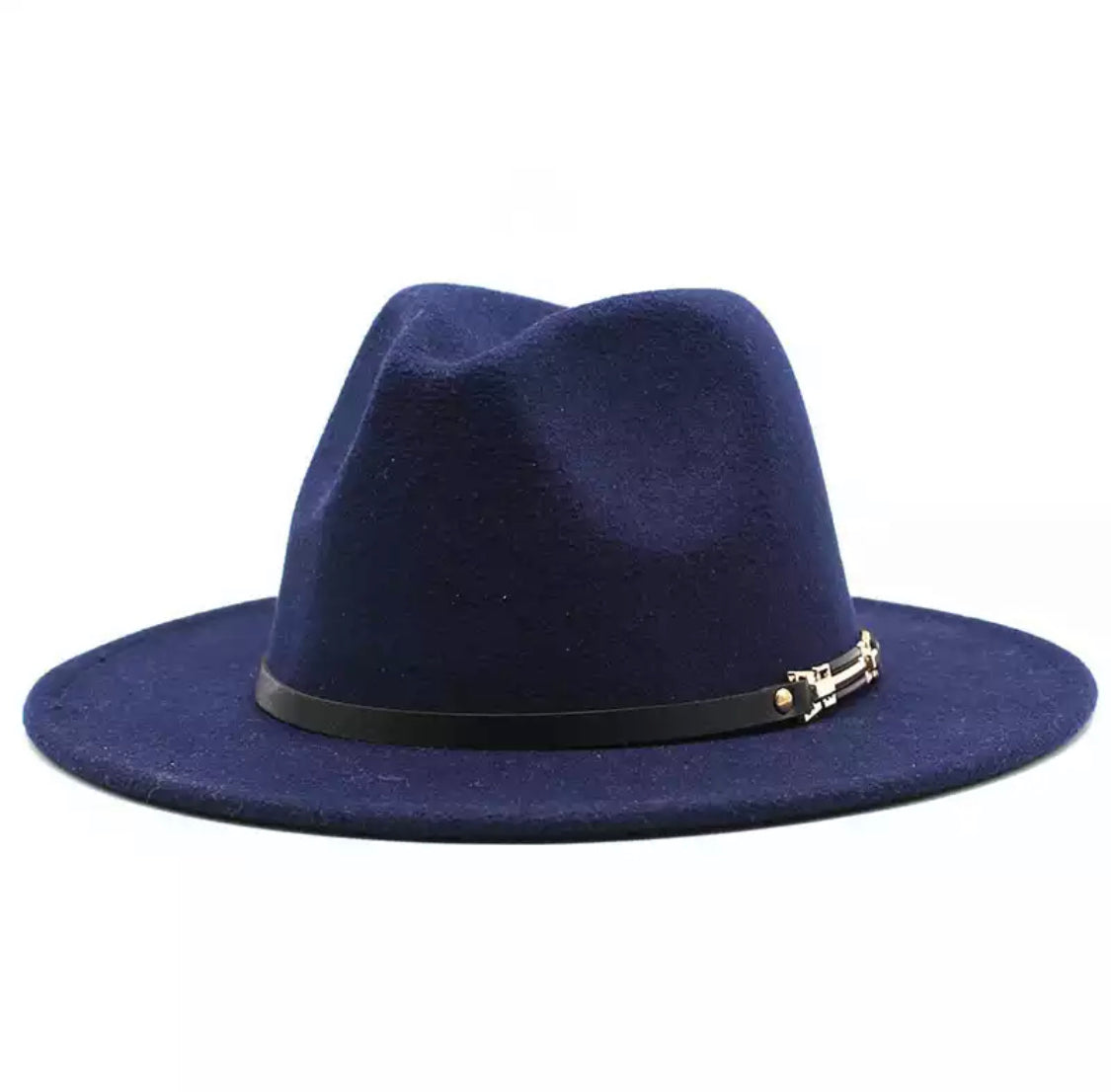 Navy Fedora w/black belt & gold accents