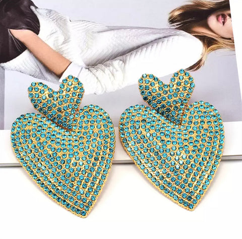 NEW Double Heart Aqua Rhinestone Earrings