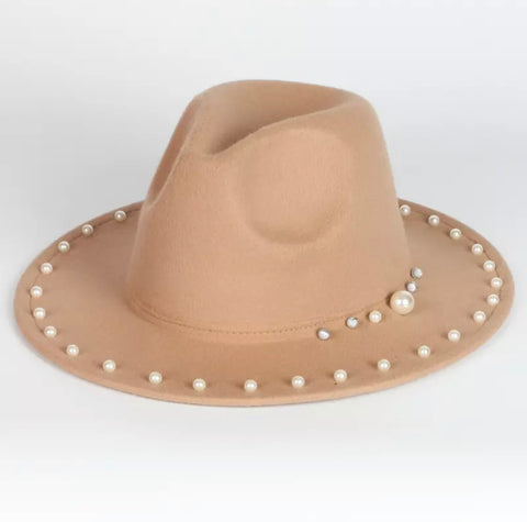 Tan Fedora Hat w/ Pearl Brim Accents