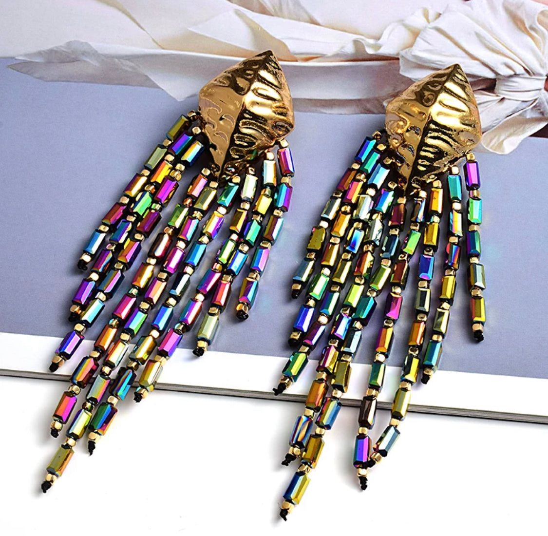 Iridescent Hand Beaded Dangle Earrings