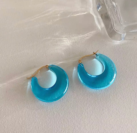 Aqua Translucent Colored Resin & Gold Hoops