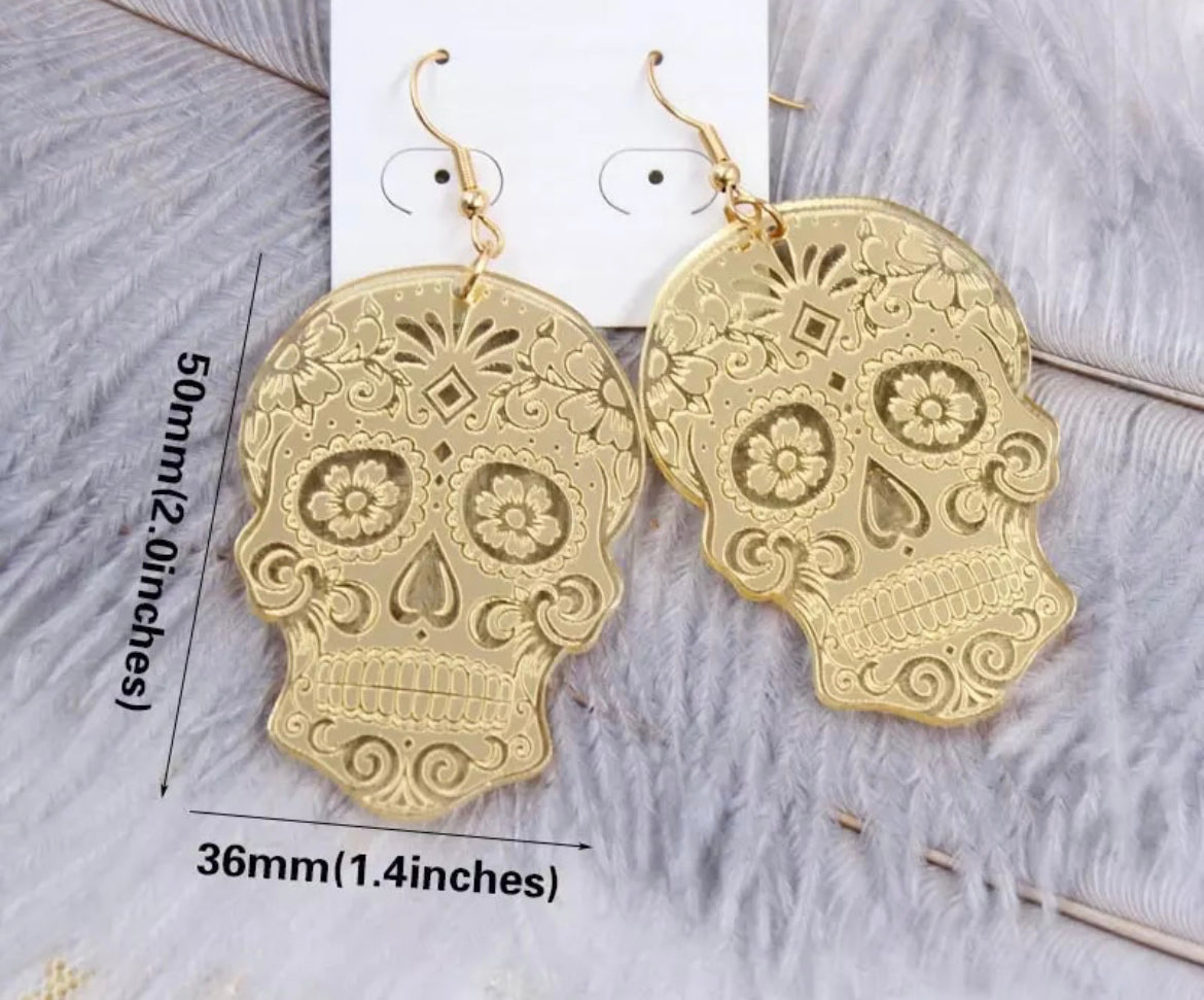 Gold Mirrored Acrylic Skull Earrings