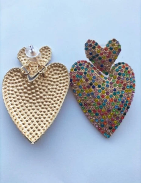 NEW Double Heart Multi Color Rhinestone Earrings