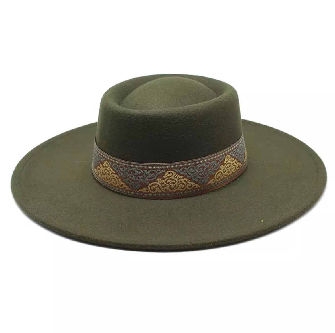 Military Green Wide Brim Hat w/Fabric Band
