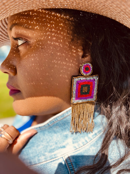 Hand Beaded Multicolor Square Dangle Earrings